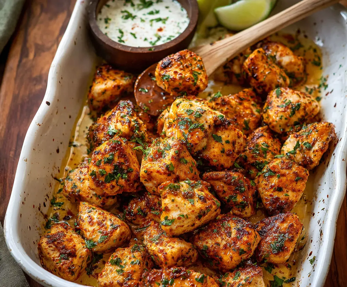 Juicy Cowboy Butter Chicken Bites garnished with herbs on a rustic plate.