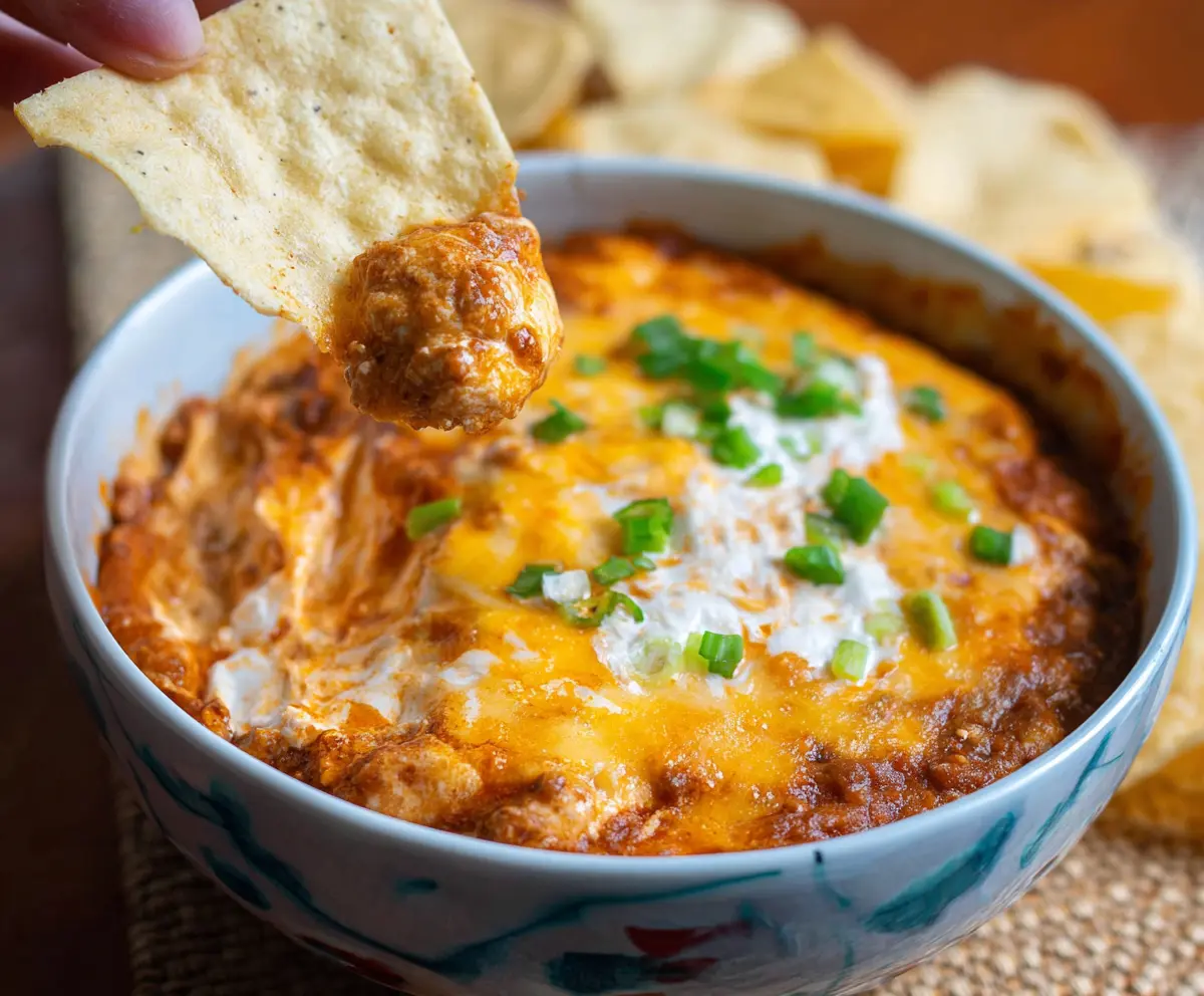 Cream Cheese Chili Dip served with tortilla chips, perfect for parties and snacking.