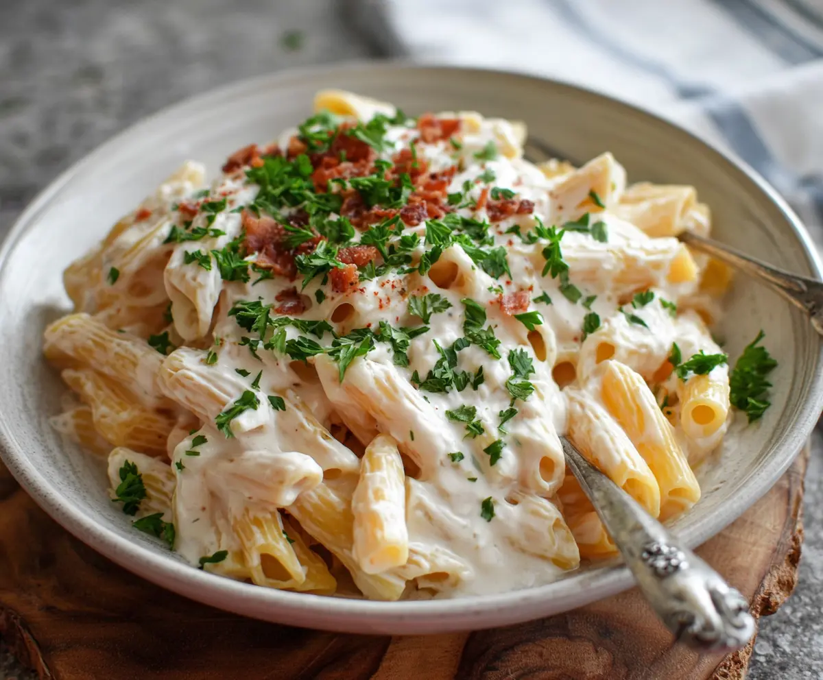 Delicious creamy cottage cheese Alfredo sauce served over pasta, highlighting a rich and savory flavor.