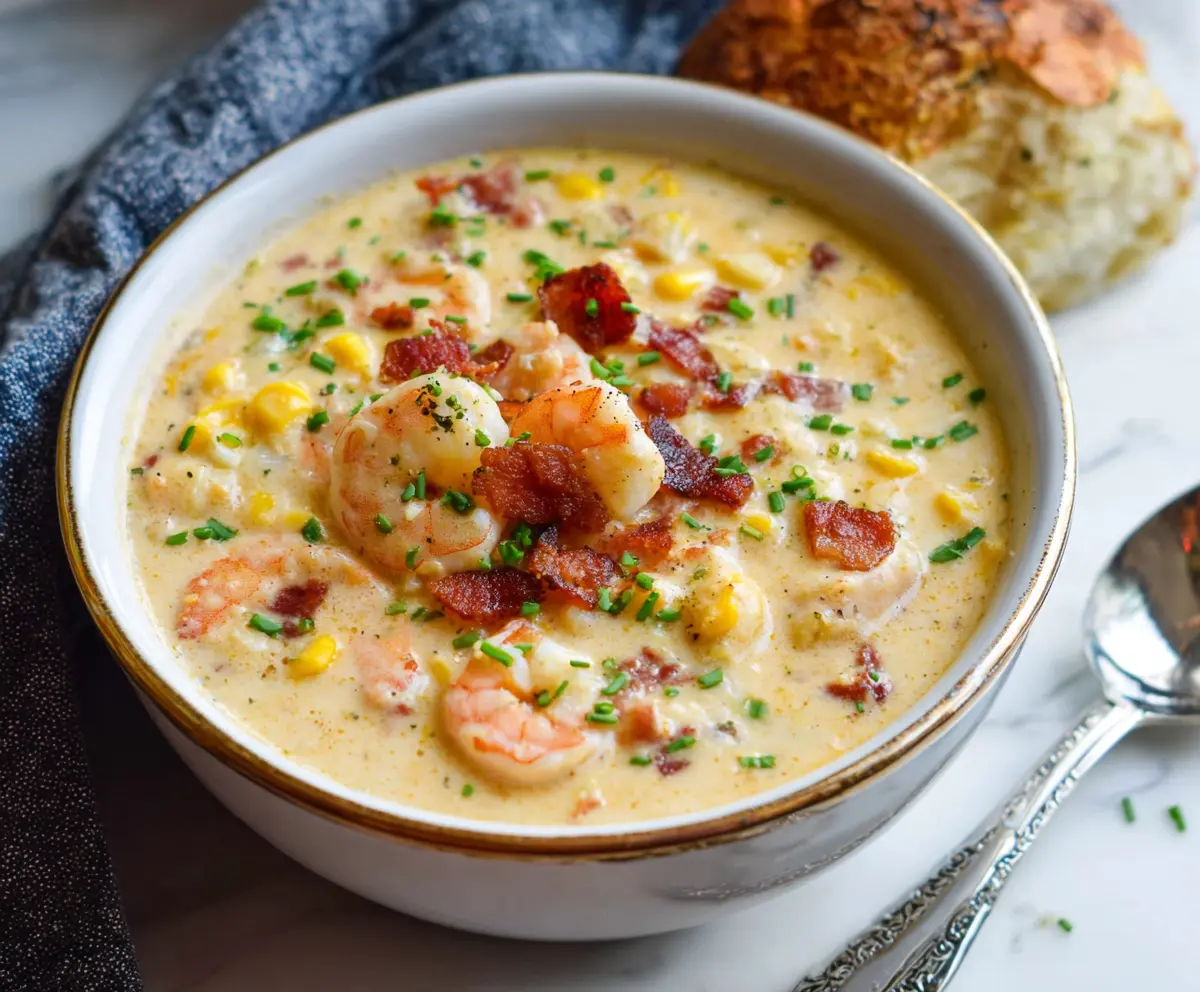 Creamy shrimp and corn chowder in a bowl topped with fresh herbs, perfect for a comforting seafood dinner.