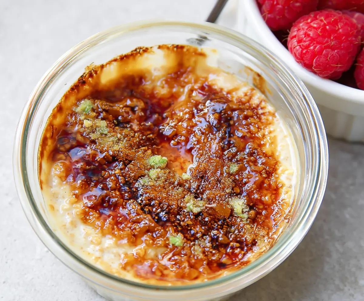 Creamy Crème Brûlée Overnight Oats garnished with caramelized sugar and fresh berries.