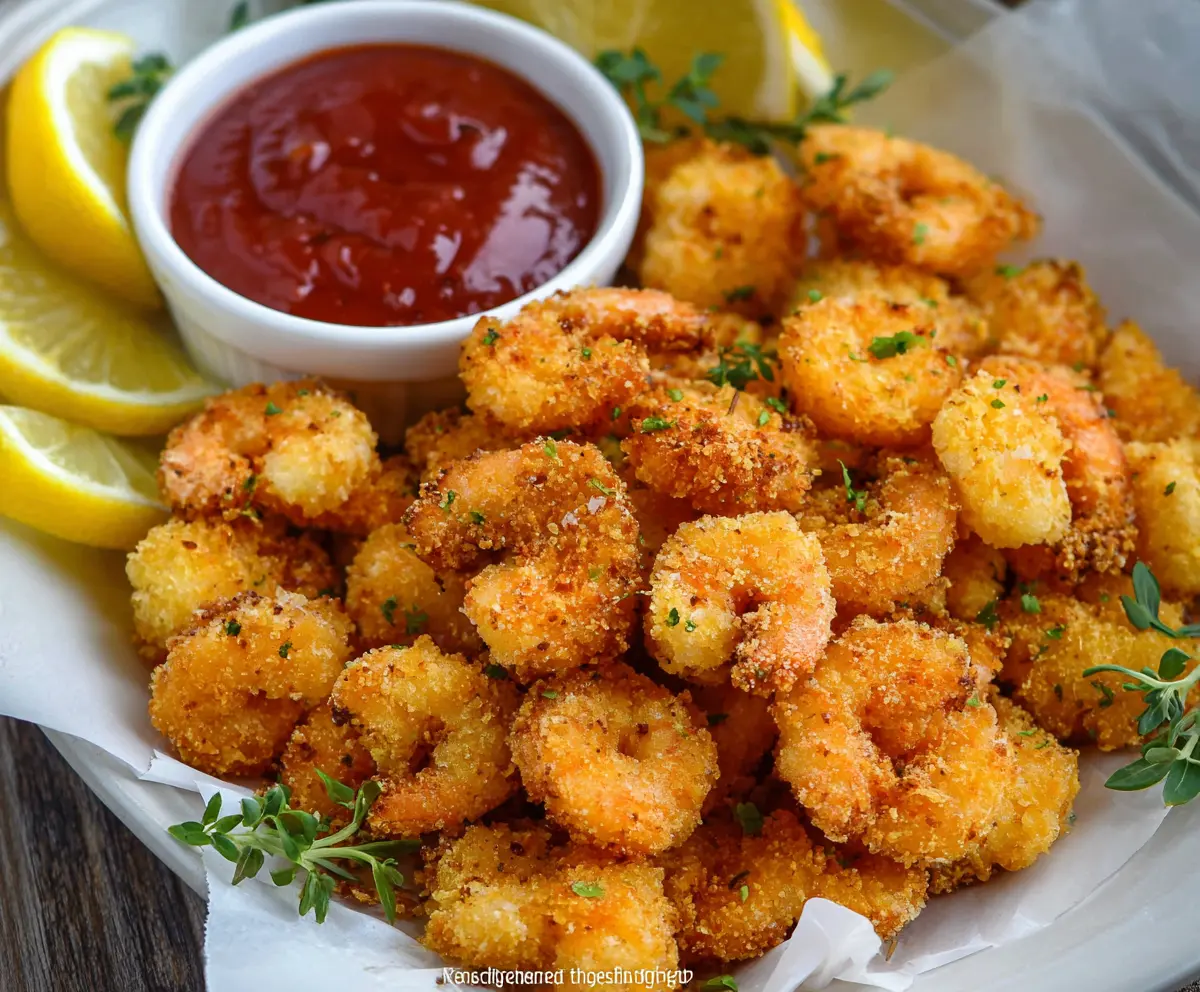 Golden crispy popcorn shrimp served with a side of fresh lemon slices on a white plate.
