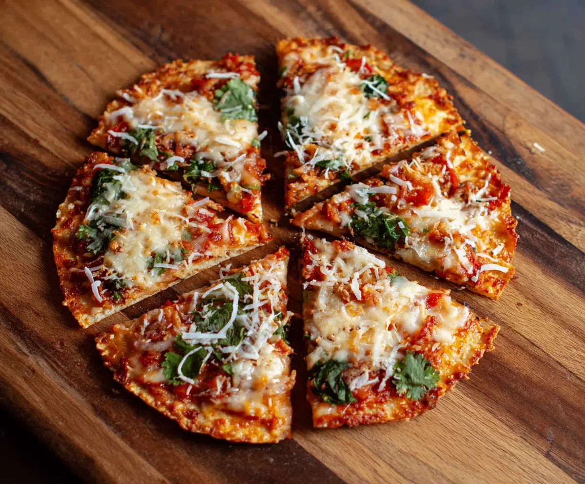 Delicious crunchy tortilla pizza topped with melted cheese and fresh toppings.