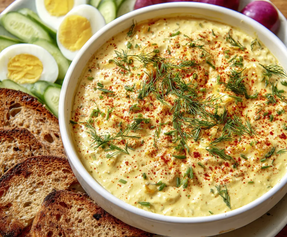 Creamy deviled eggs dip served in a bowl with paprika on top, perfect for parties and snacks.