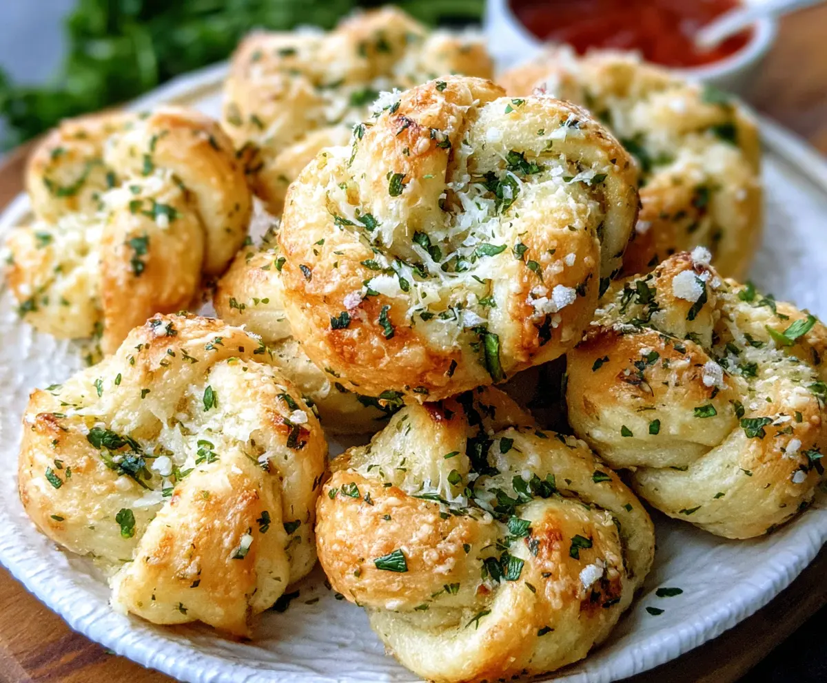 Golden brown garlic Parmesan knots topped with melted cheese on a rustic wooden table.