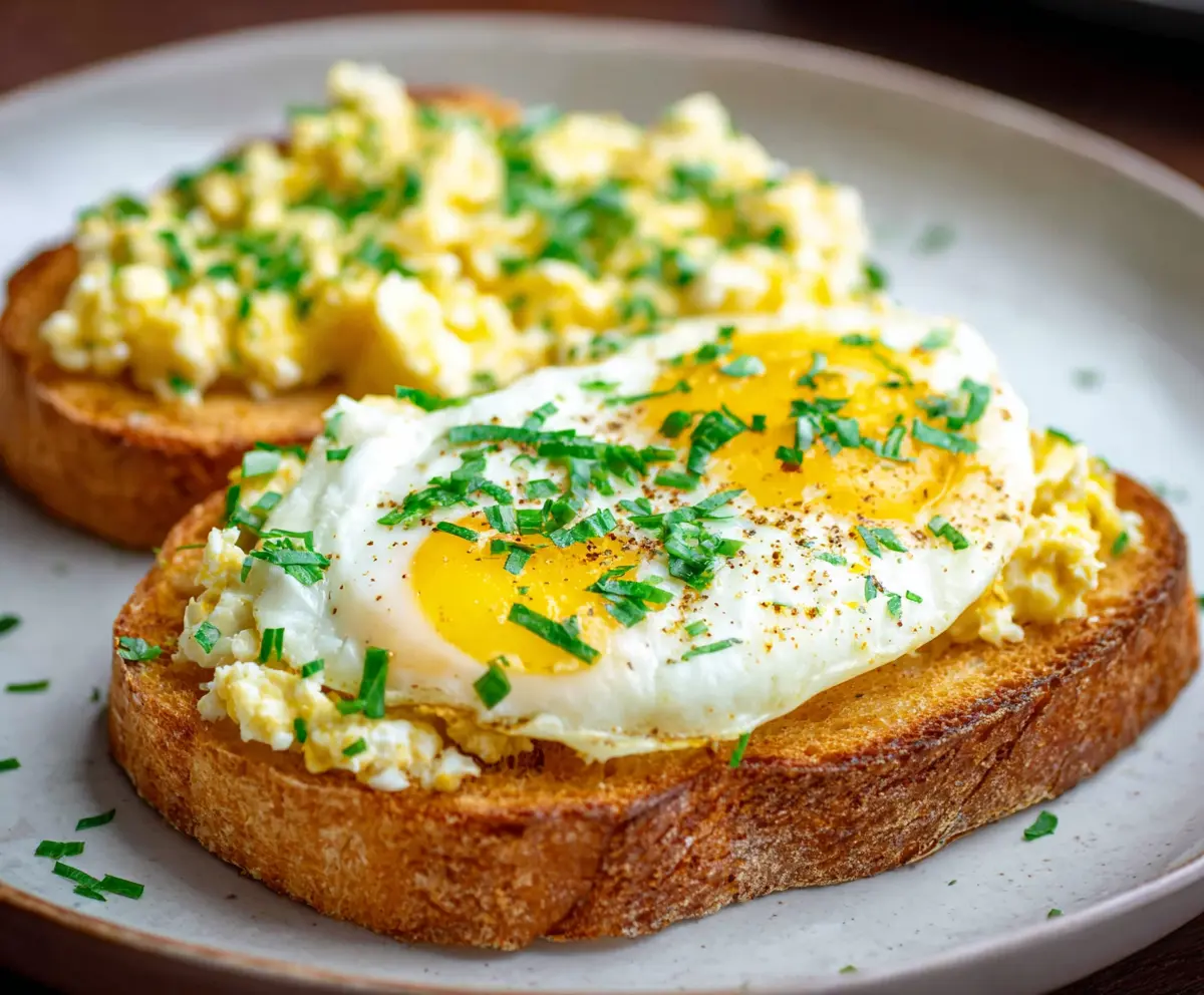 Delicious egg toast with golden-brown crispy bread and a perfectly cooked sunny-side-up egg on top.