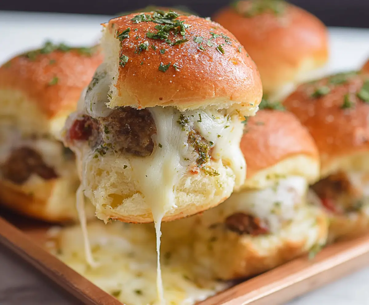 Delicious garlic parmesan meatball sliders with melted cheese and fresh herbs, perfect for parties.