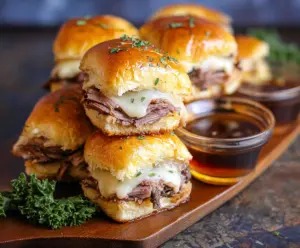 Delicious French Dip Sliders with tender roast beef and melted cheese served on mini buns.