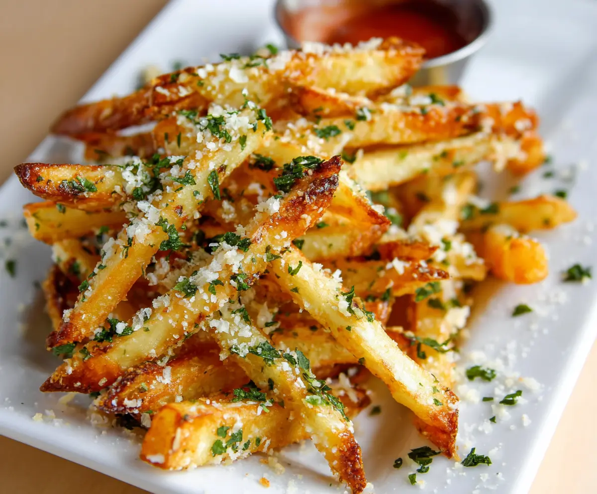 Crispy garlic and Parmesan seasoned fries on a serving plate