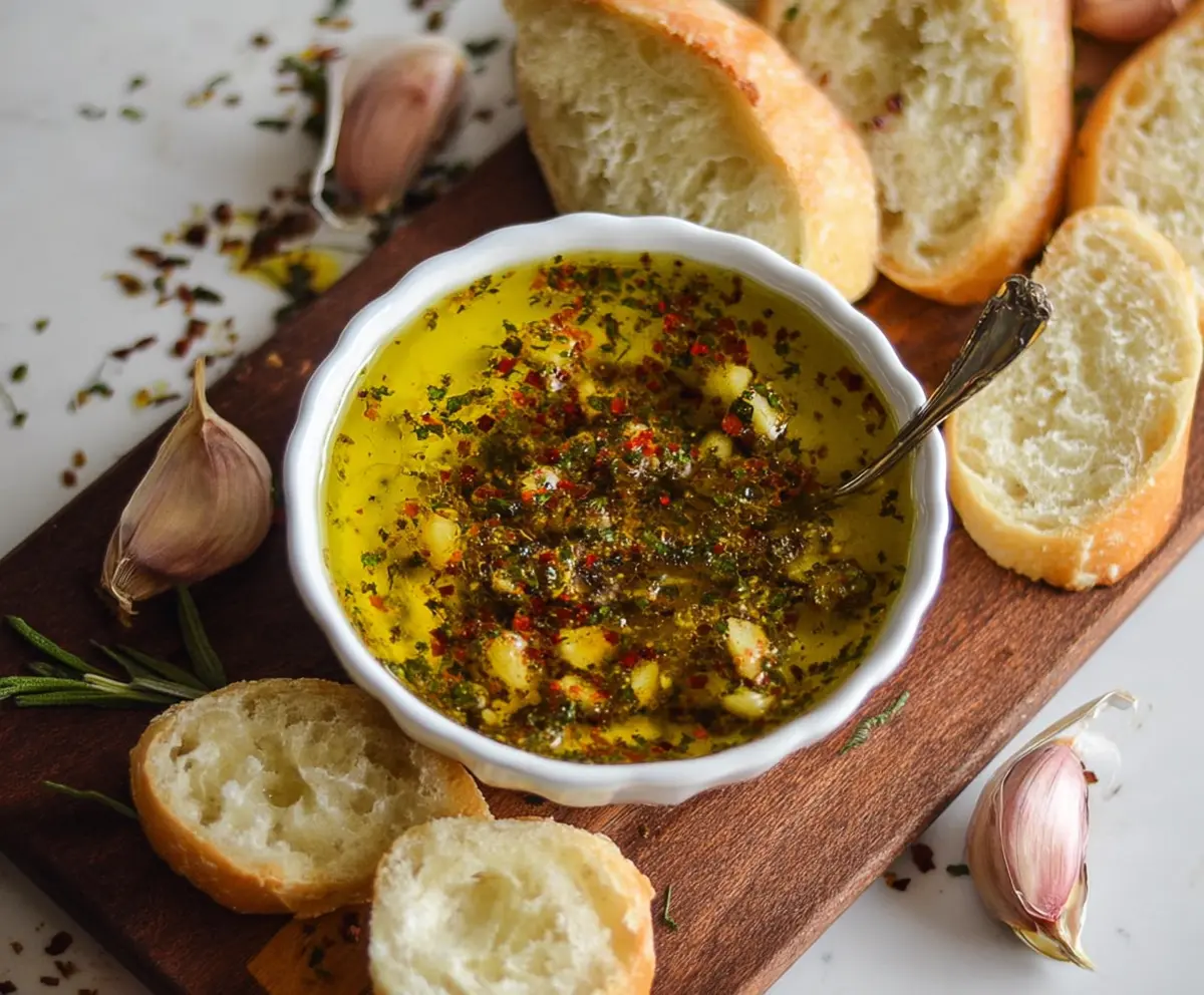 Delicious garlic olive oil dip served in a small bowl with herbs and bread for dipping.