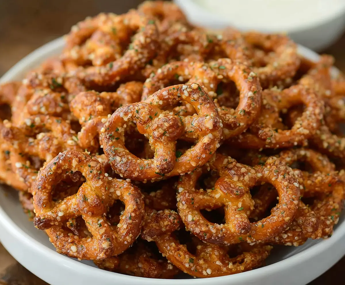 Crunchy garlic ranch pretzels with a savory seasoning, perfect for snacking.