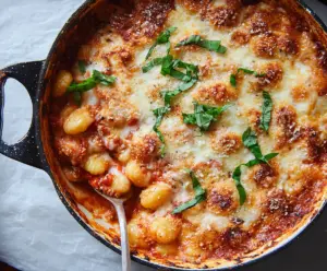 Delicious Gnocchi Pasta Bake with melted cheese and fresh herbs in a serving dish.