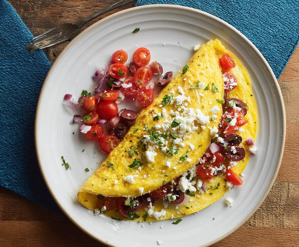 Delicious Greek Omelet filled with fresh vegetables and feta cheese, perfect for a healthy breakfast.
