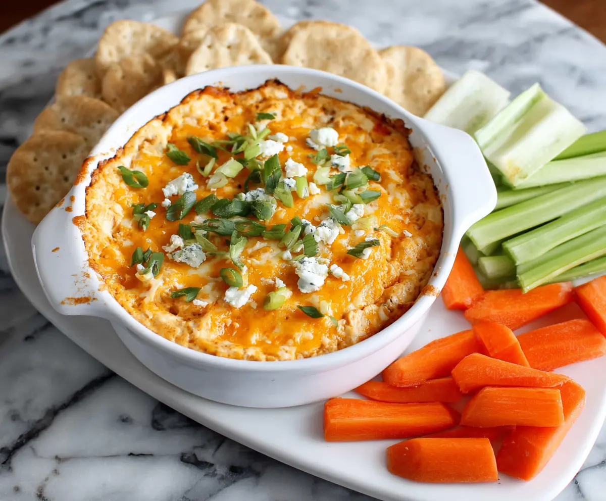 Creamy Greek yogurt buffalo chicken dip served with celery sticks and tortilla chips