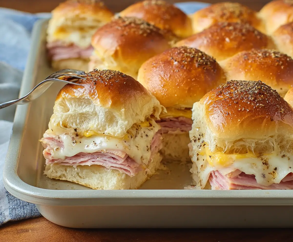 Delicious Ham and Cheese Hawaiian Roll Sliders with melted cheese on golden buns, perfect for parties.
