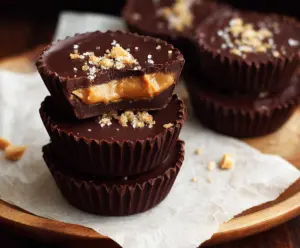 Delicious homemade healthy dark chocolate peanut butter cups on a white plate
