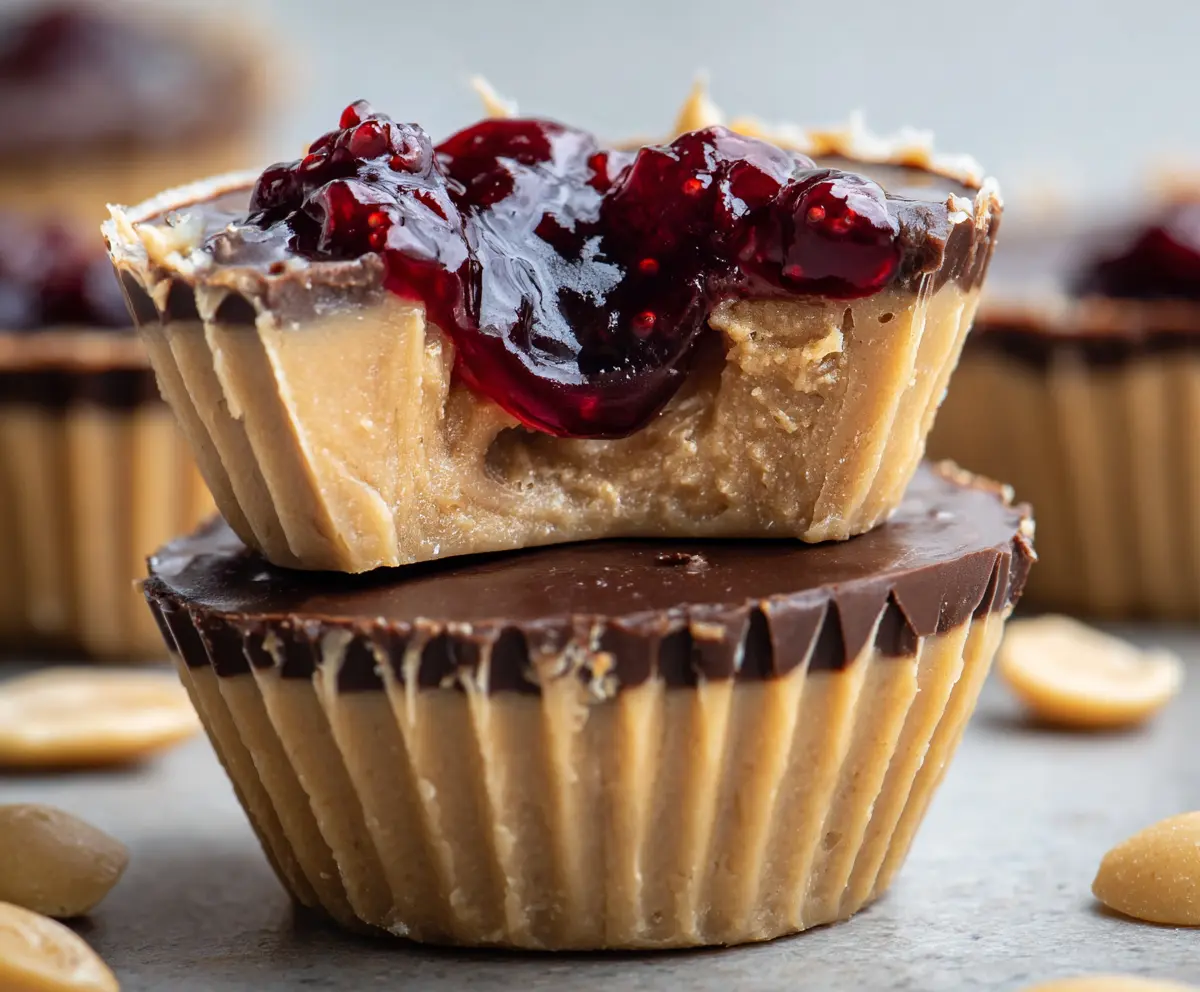 Healthy peanut butter and jelly cups in a clear glass dish showcasing colorful ingredients for a nutritious snack.