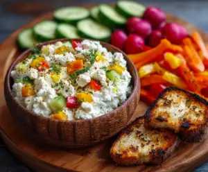 High protein cottage cheese giardiniera dip served with fresh vegetables for a healthy snack