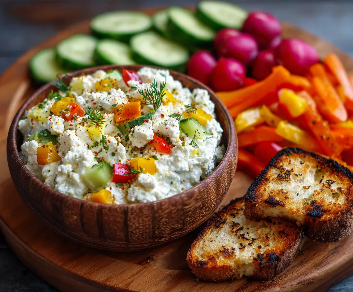 High protein cottage cheese giardiniera dip served with fresh vegetables for a healthy snack