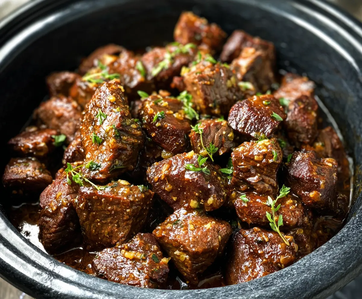 Delicious high protein garlic butter beef bites cooked in a slow cooker, perfect for a flavorful and healthy meal.