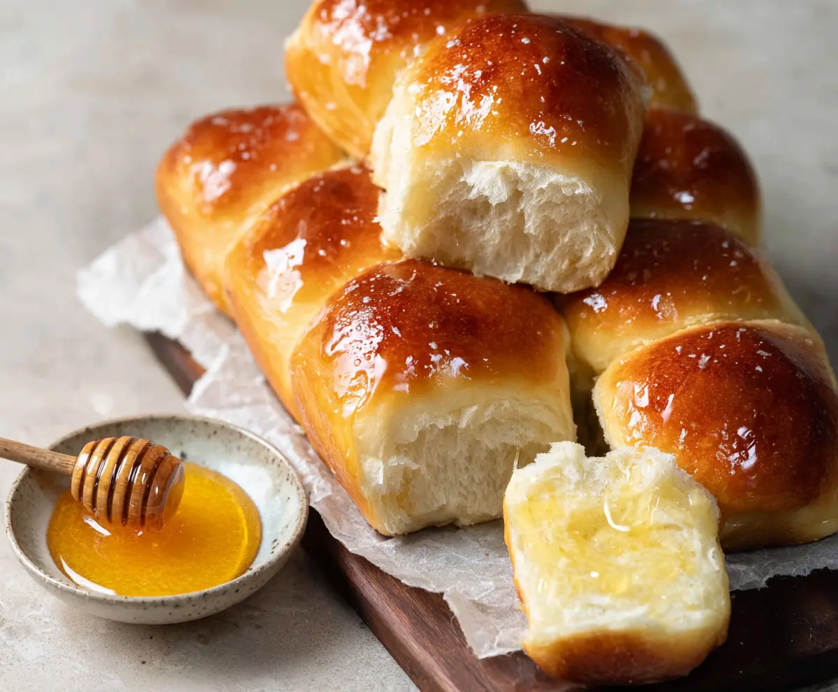 Golden Honey Butter Sourdough Discard Rolls fresh from the oven, showcasing soft and fluffy texture.