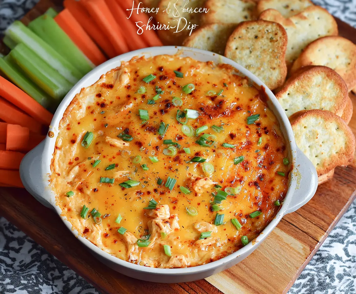 Creamy Honey Sriracha Chicken Dip served with fresh vegetables and chips.