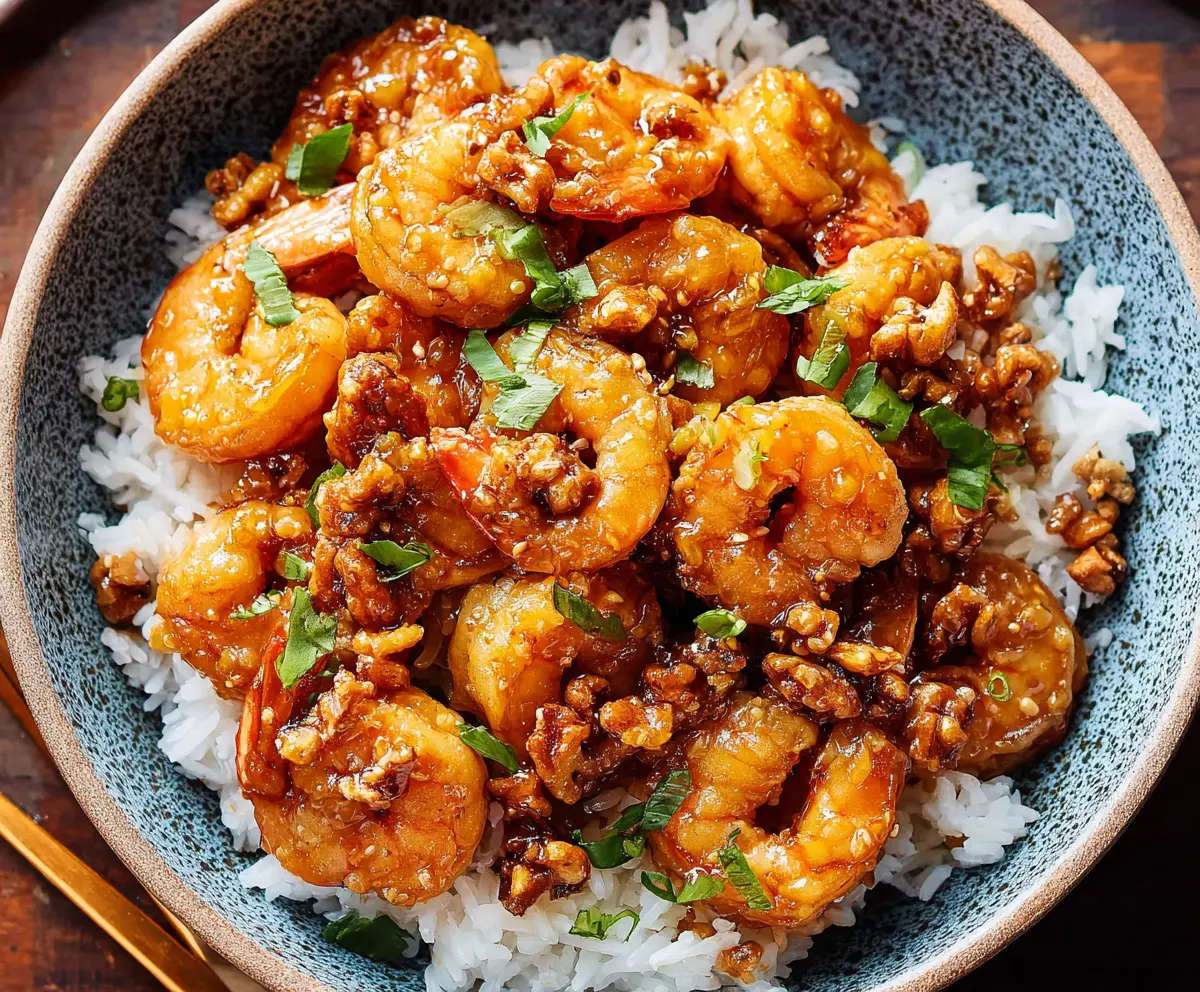 Delicious Honey Walnut Shrimp with crunchy walnuts and a glossy honey glaze on a white plate
