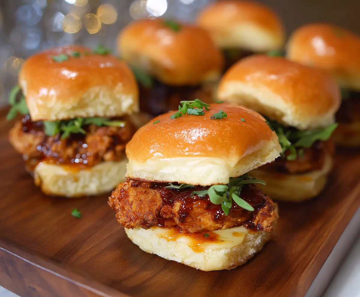 Delicious Hot Honey Chicken Sliders with melted cheese and crispy buns ready to serve