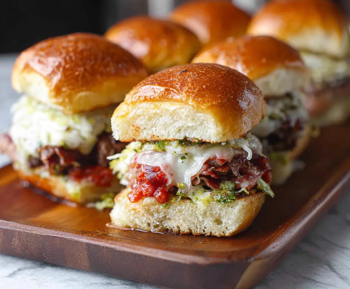 Delicious Italian Grinder Sliders with melted cheese, deli meats, and fresh vegetables served on soft buns.
