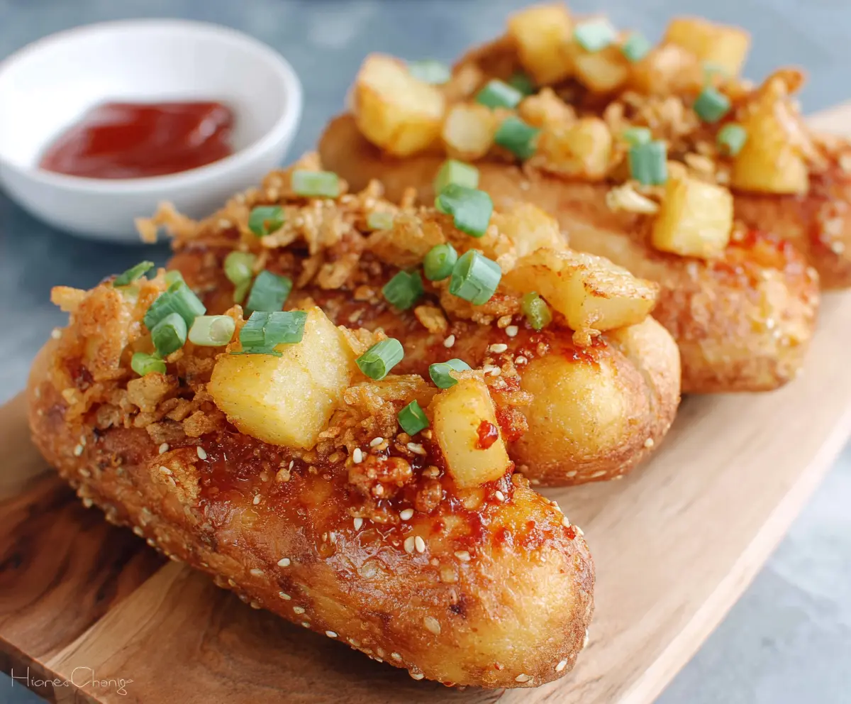 Delicious Korean Potato Hot Dog with crispy coating and melted cheese topping