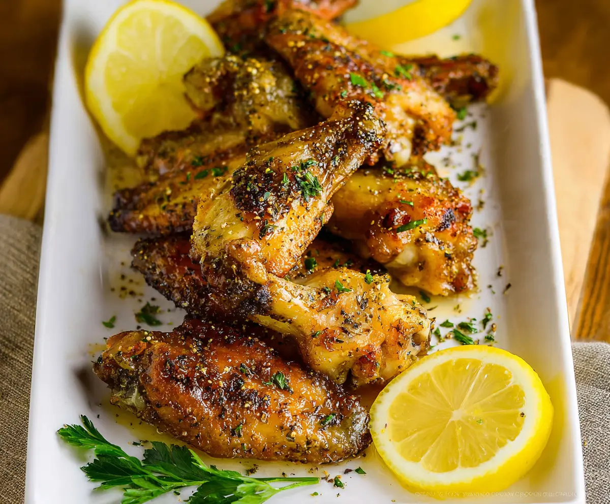 Juicy lemon pepper wings served on a plate, garnished with fresh lemon slices and herbs.