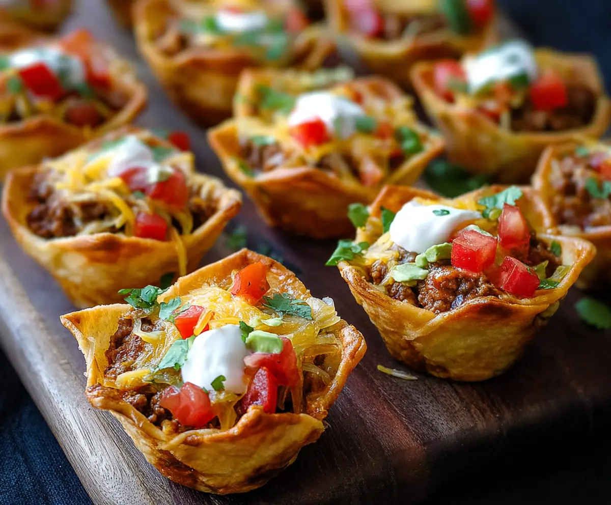 Delicious Mini Taco Cups filled with seasoned beef and cheese, perfect for snacks or parties.