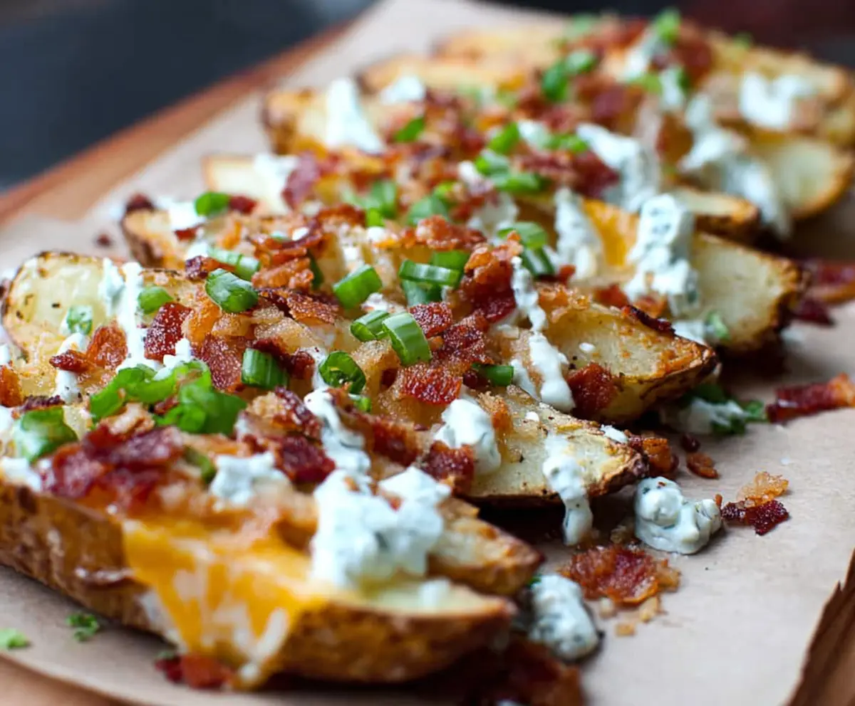 Crispy loaded baked potato wedges topped with cheese, bacon bits, and green onions on a rustic plate.