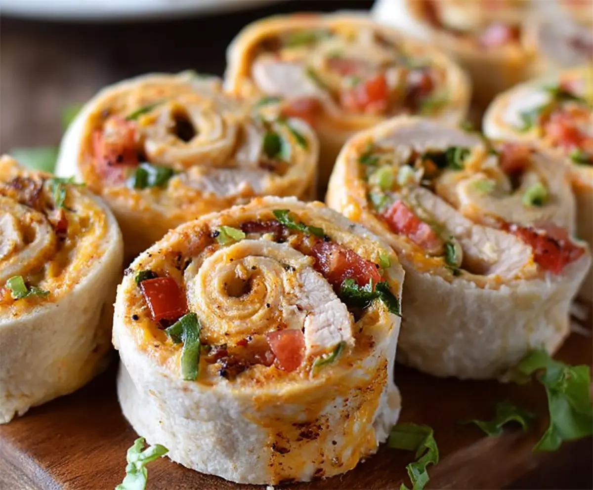 Delicious Mexican Chicken Pinwheel Roll-ups with melted cheese and flavorful spices on a serving platter