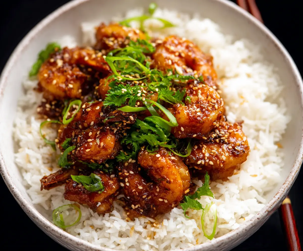 Delicious Mongolian Shrimp served with vibrant vegetables on a plate.