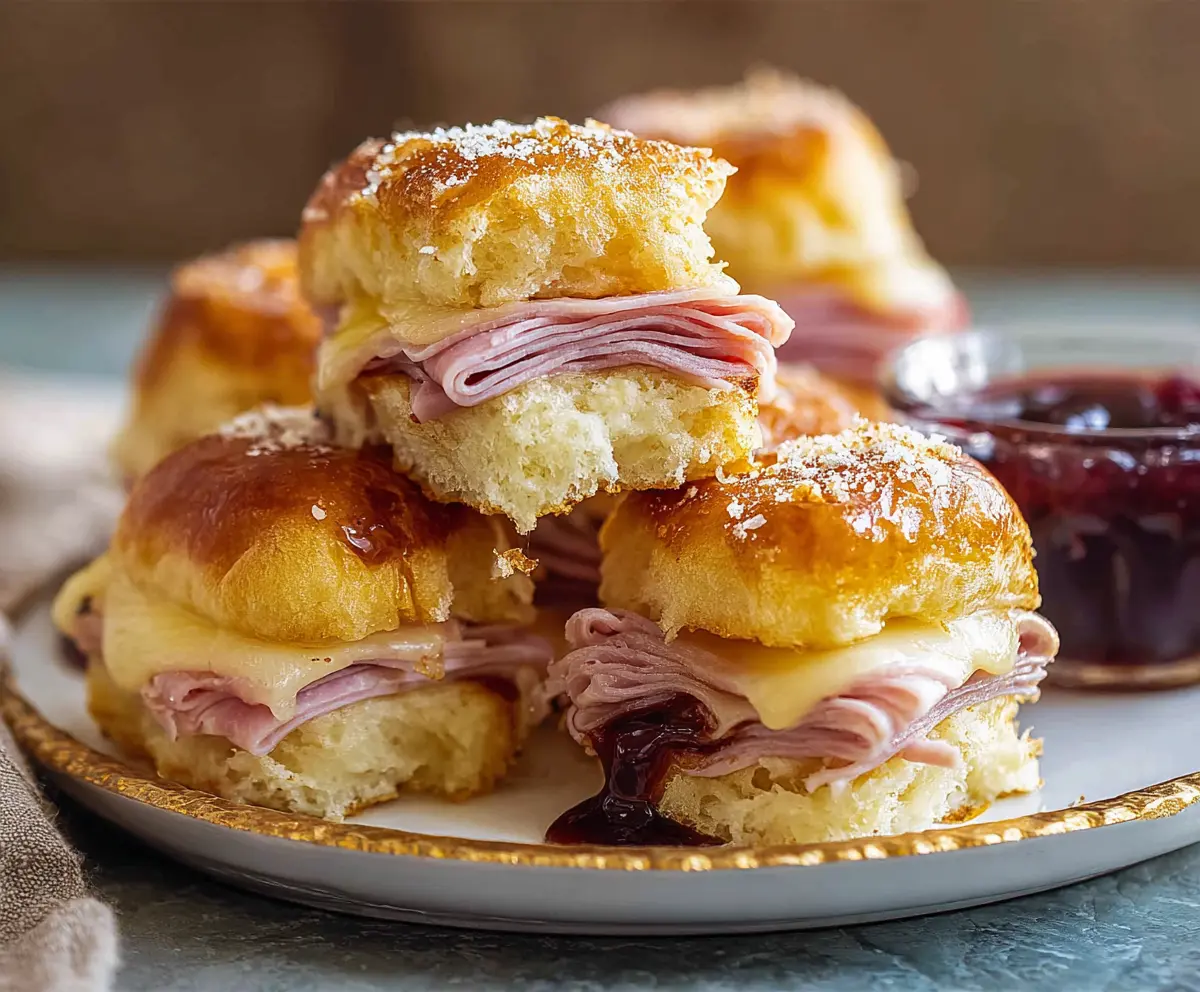 Delicious Monte Cristo sliders made with soft Hawaiian rolls, featuring melted cheese and savory ham.