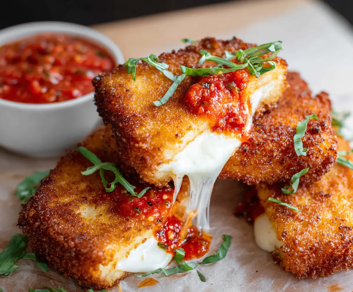 Golden fried mozzarella carrozza with melted cheese and crispy bread coating, served hot on a plate.