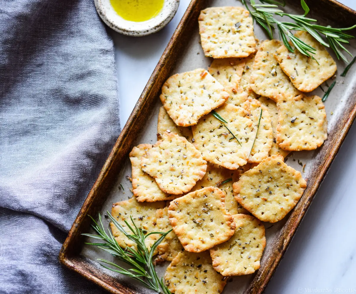 Homemade olive oil sourdough discard crackers on a wooden surface, showcasing crispy golden texture.