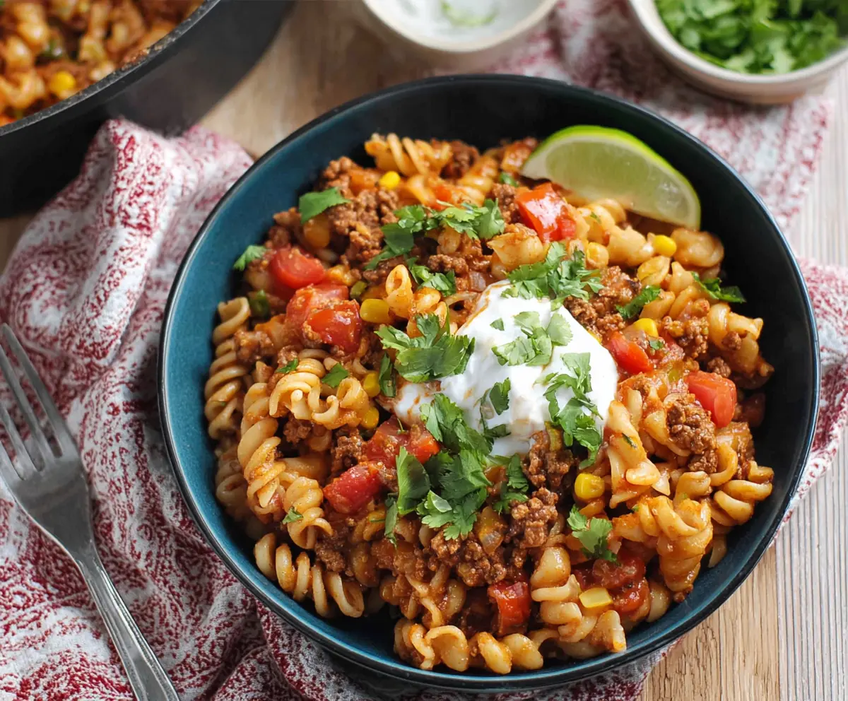 Delicious one pot taco pasta with seasoned meat, tomatoes, and cheese in a serving bowl.