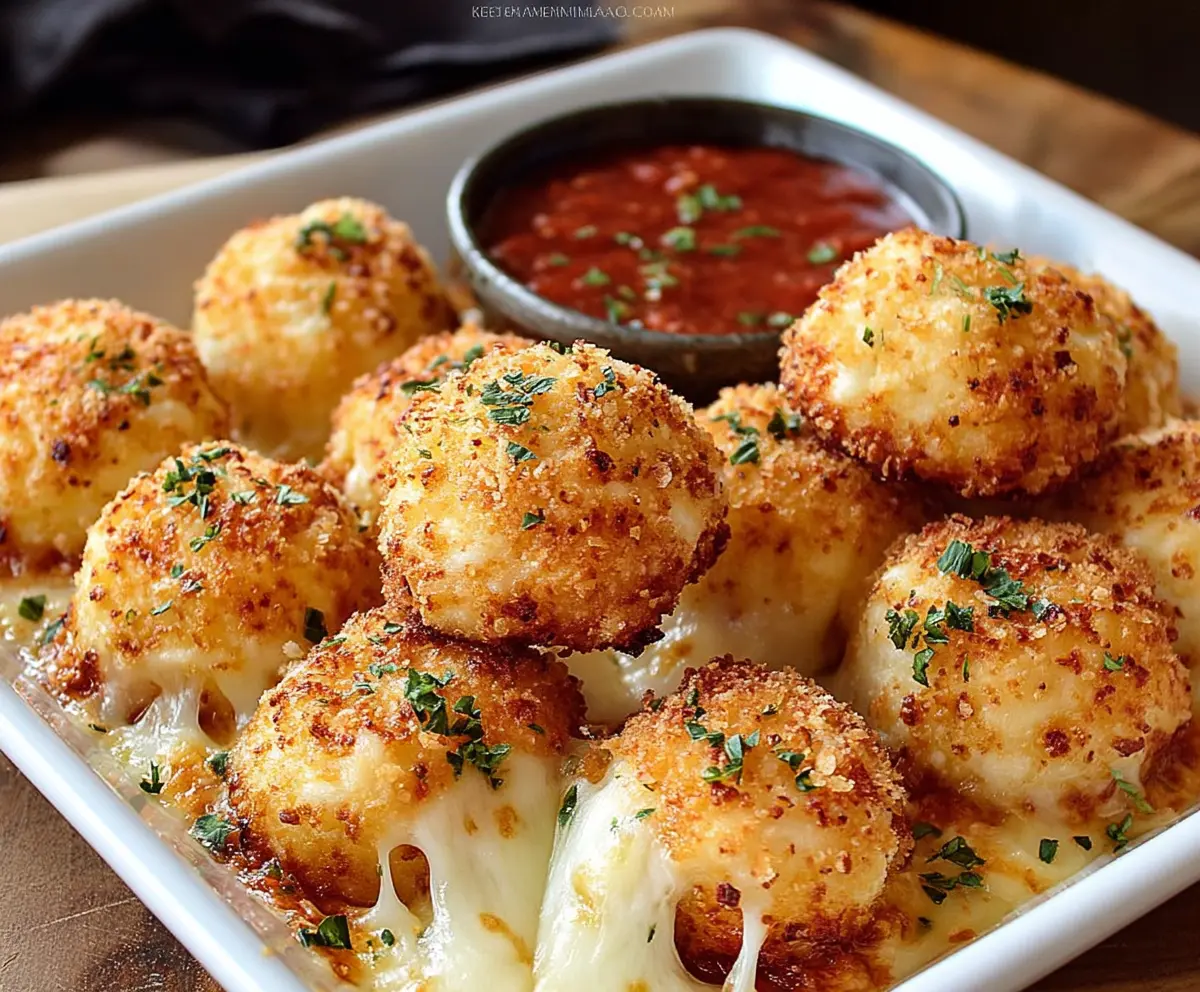Golden Parmesan Mozzarella Bites served on a white plate with fresh herbs.