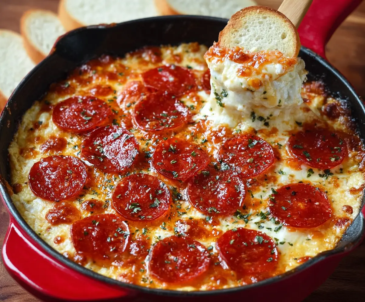 Delicious pepperoni and cream cheese pizza dip served in a bowl, perfect for parties and snacking.