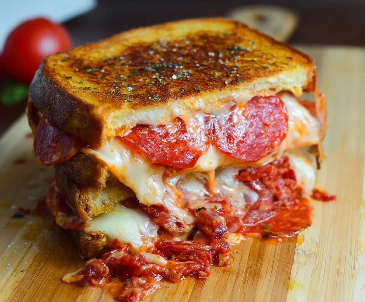 Delicious pepperoni pizza grilled cheese sandwich with melted cheese and crispy crust.
