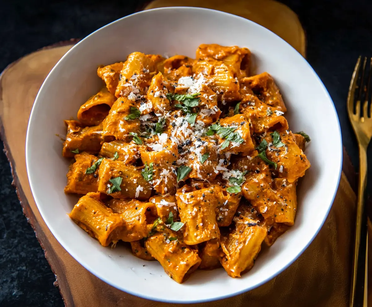 Creamy pesto vodka sauce pasta served with fresh basil and grated Parmesan cheese.