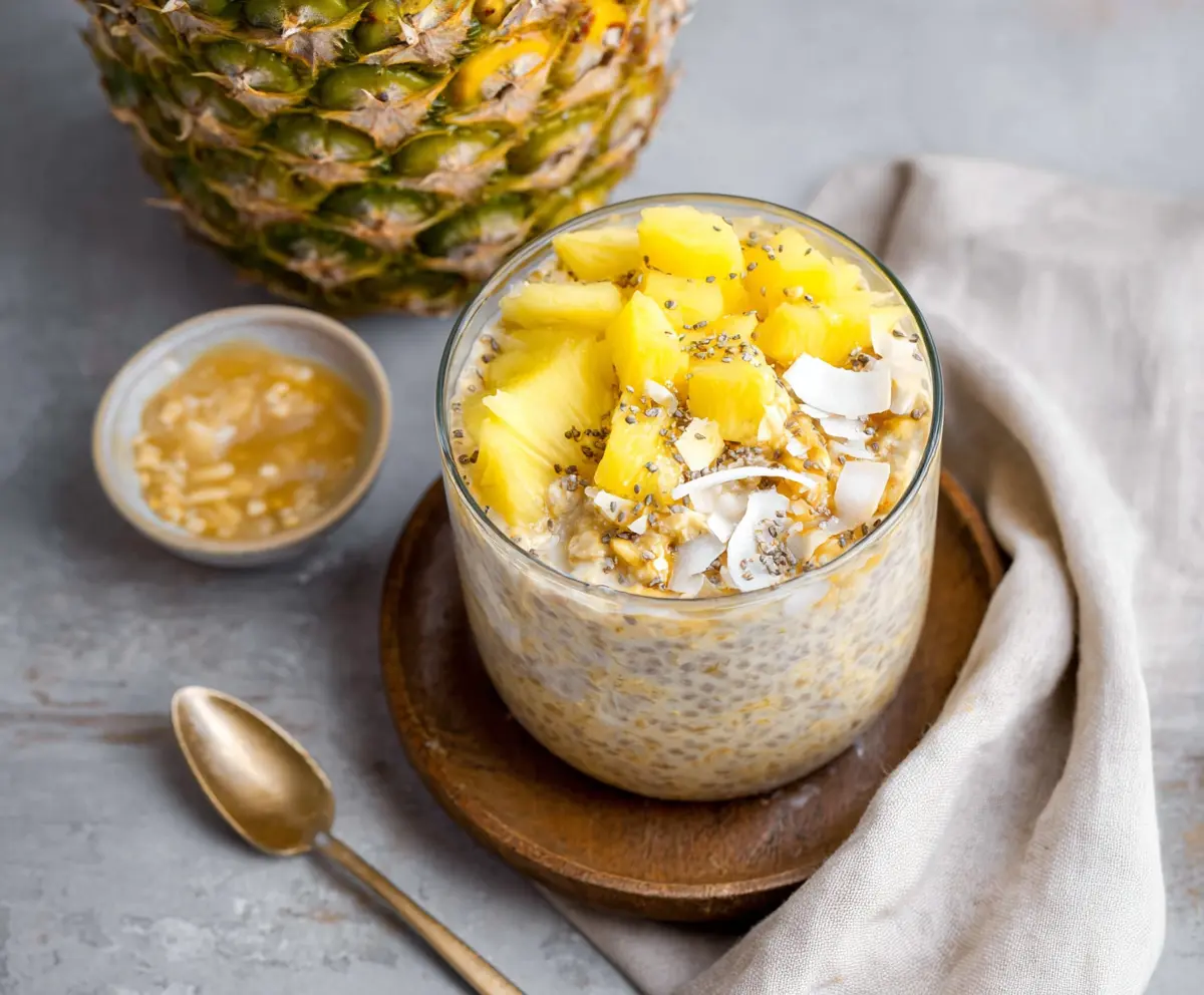 Creamy pineapple overnight oats in a glass jar with fresh pineapple pieces on top.