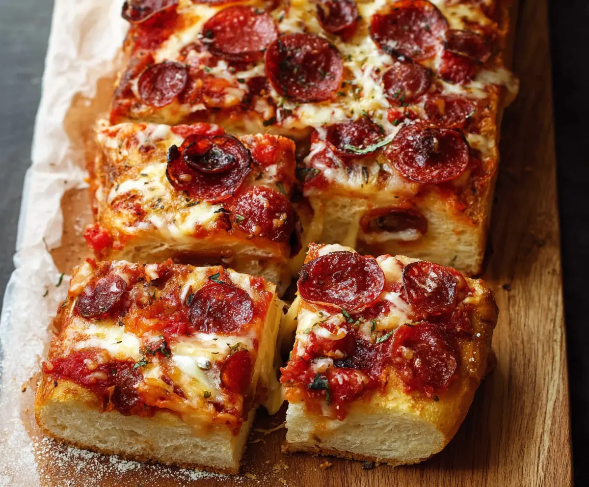 Delicious homemade pizza bread topped with melted cheese and fresh toppings.
