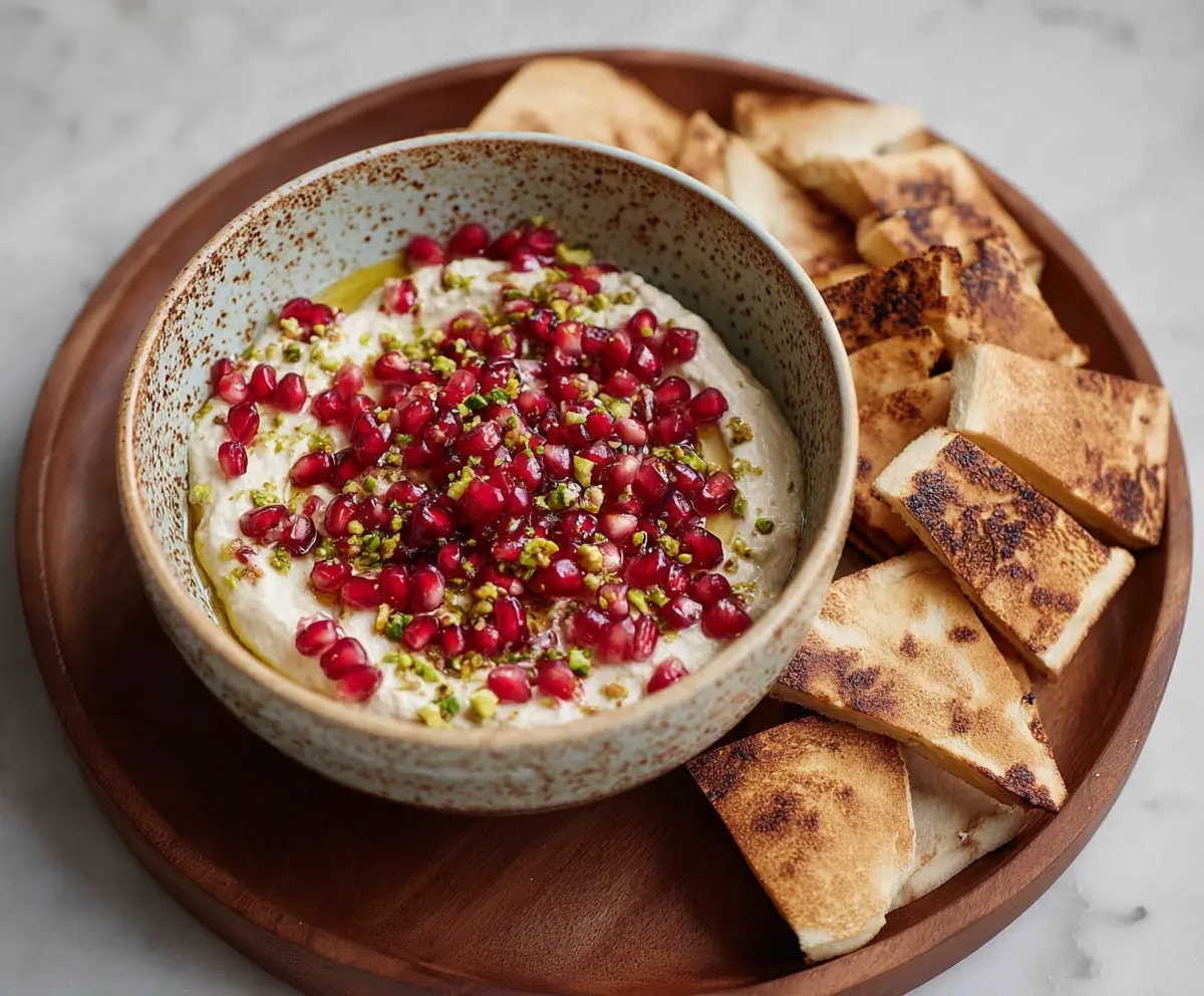 Creamy pomegranate pistachio feta dip garnished with fresh herbs and served with crackers.