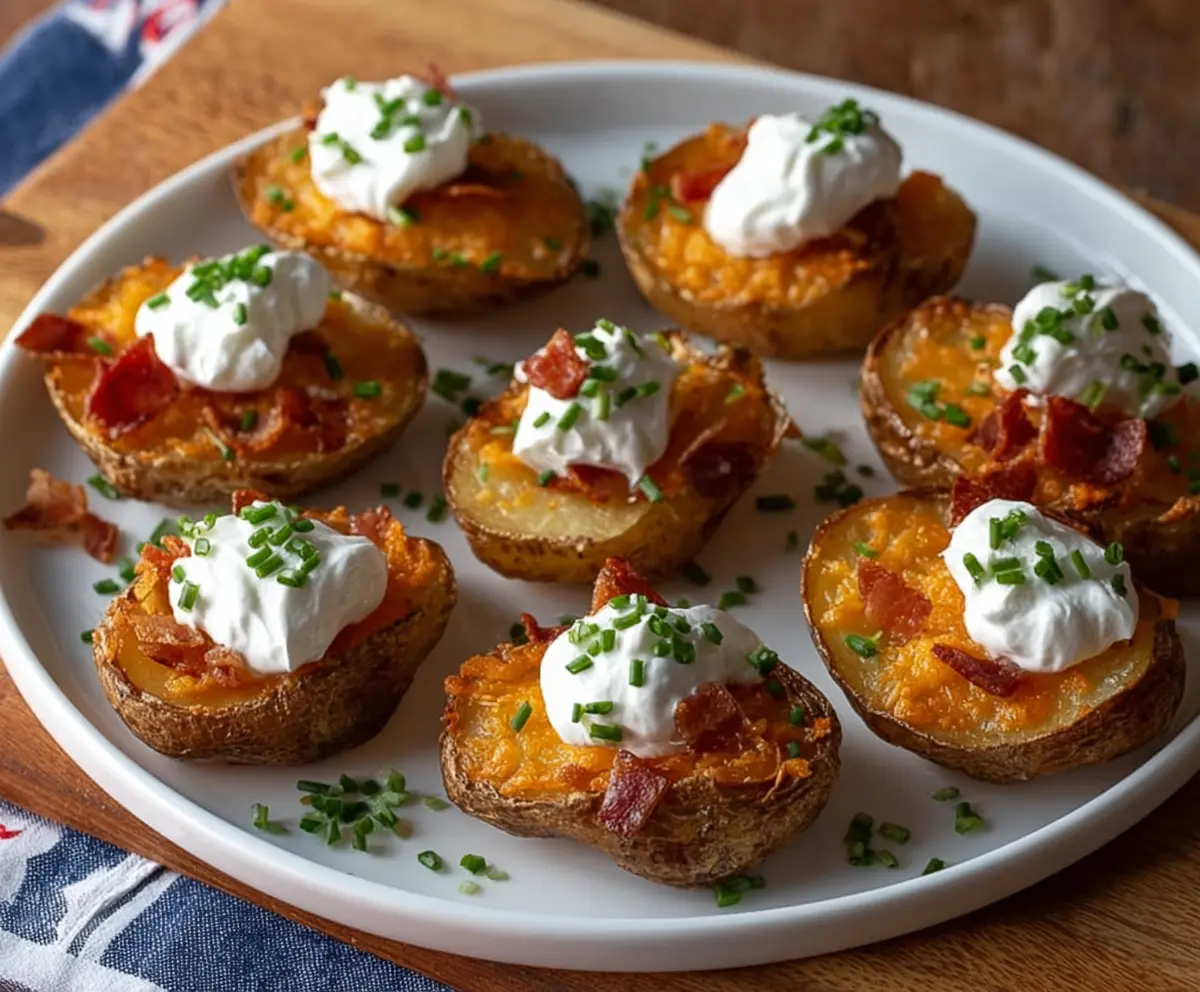 Crunchy Potato Skin Bites with melted cheese and herbs, perfect for snacking.