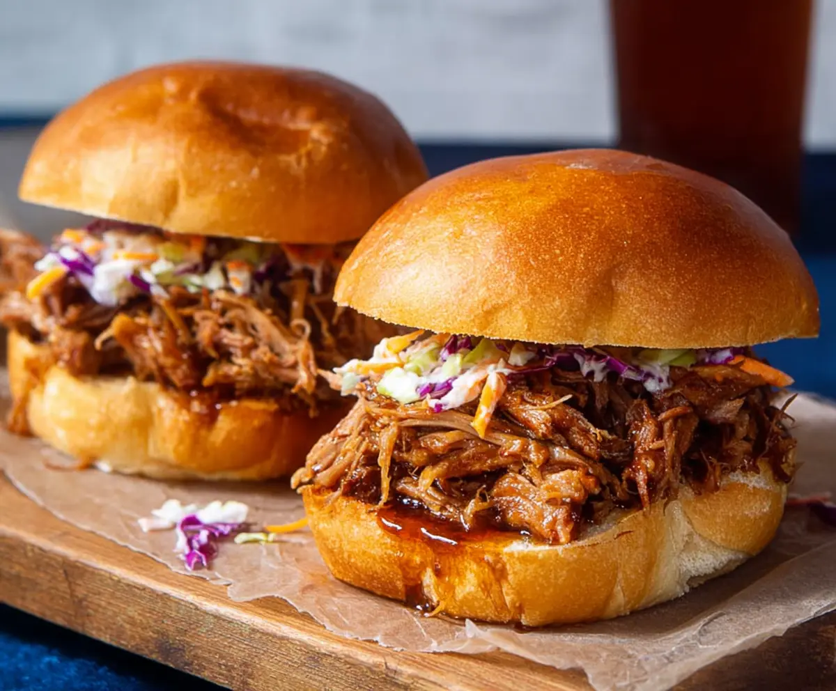 Delicious pulled pork sandwiches with crispy coleslaw served on a bun, perfect for a hearty meal.