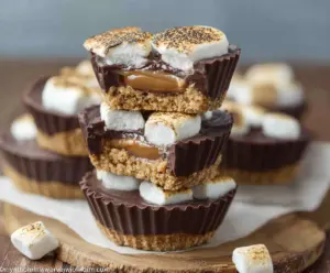Delicious S'mores Peanut Butter Cups topped with marshmallows and chocolate for a sweet treat.
