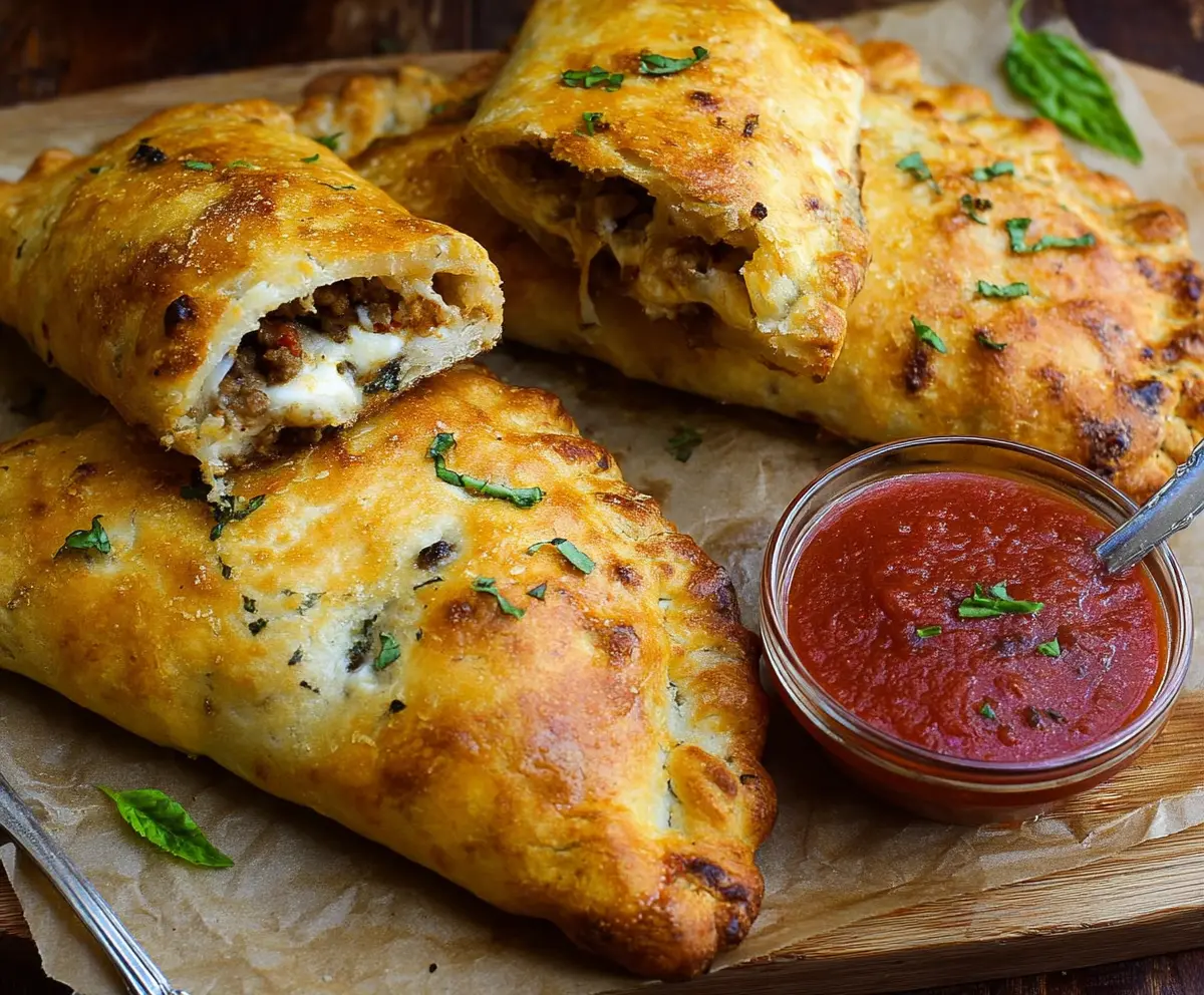 Delicious sausage calzones with melted cheese and golden crust ready to bake.